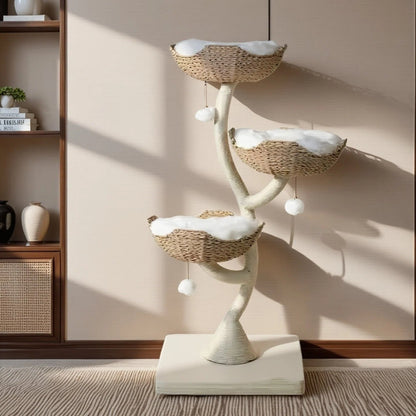 Wonderland Handcrafted Rattan Cat Tree ，3-Level 1.35M Climbing Tower with Soft Washable Beds