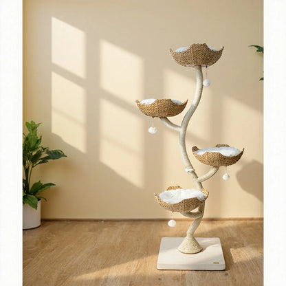 Wonderland  Handcrafted Rattan Cat Tree ， Climbing Tower with Soft Washable Beds