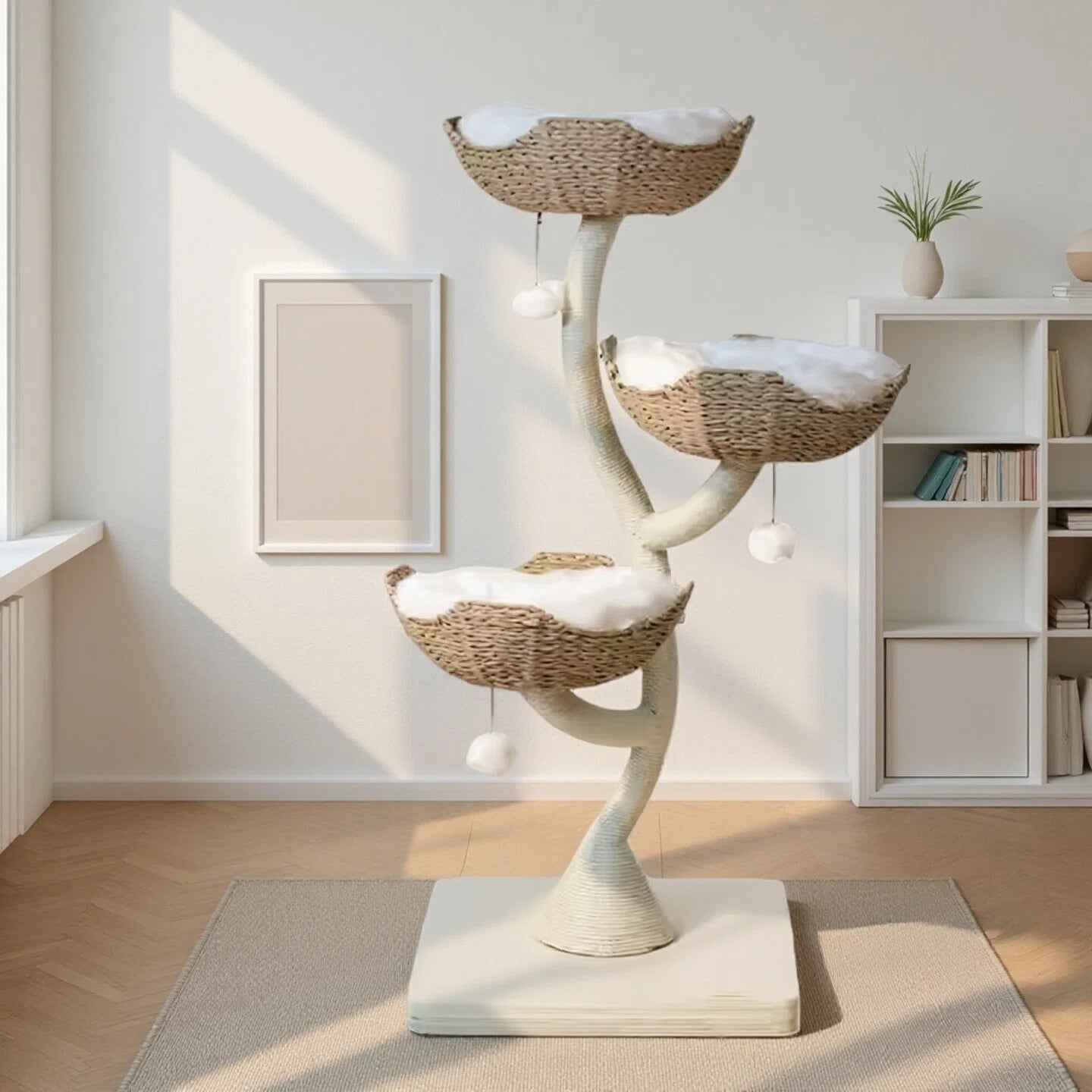 Wonderland Handcrafted Rattan Cat Tree ，3-Level 1.35M Climbing Tower with Soft Washable Beds