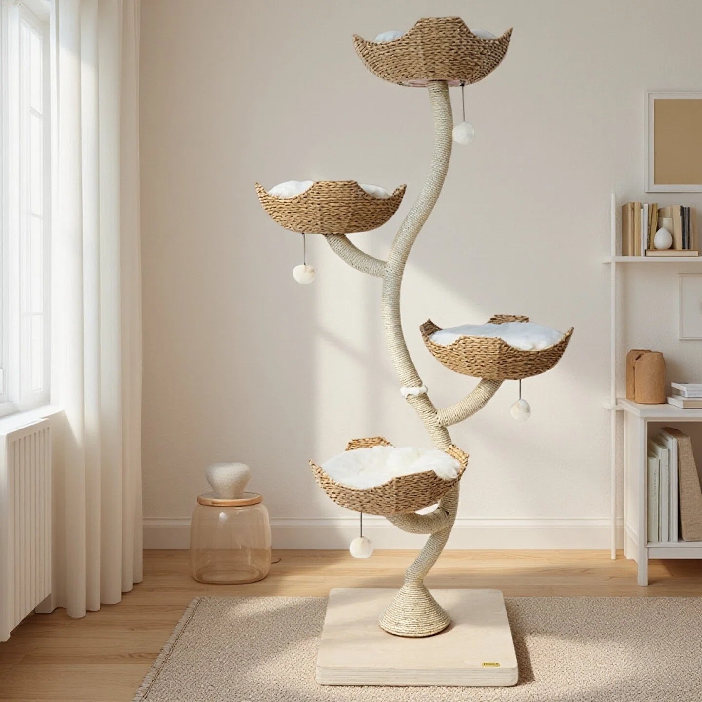 Wonderland  Handcrafted Rattan Cat Tree ， Climbing Tower with Soft Washable Beds